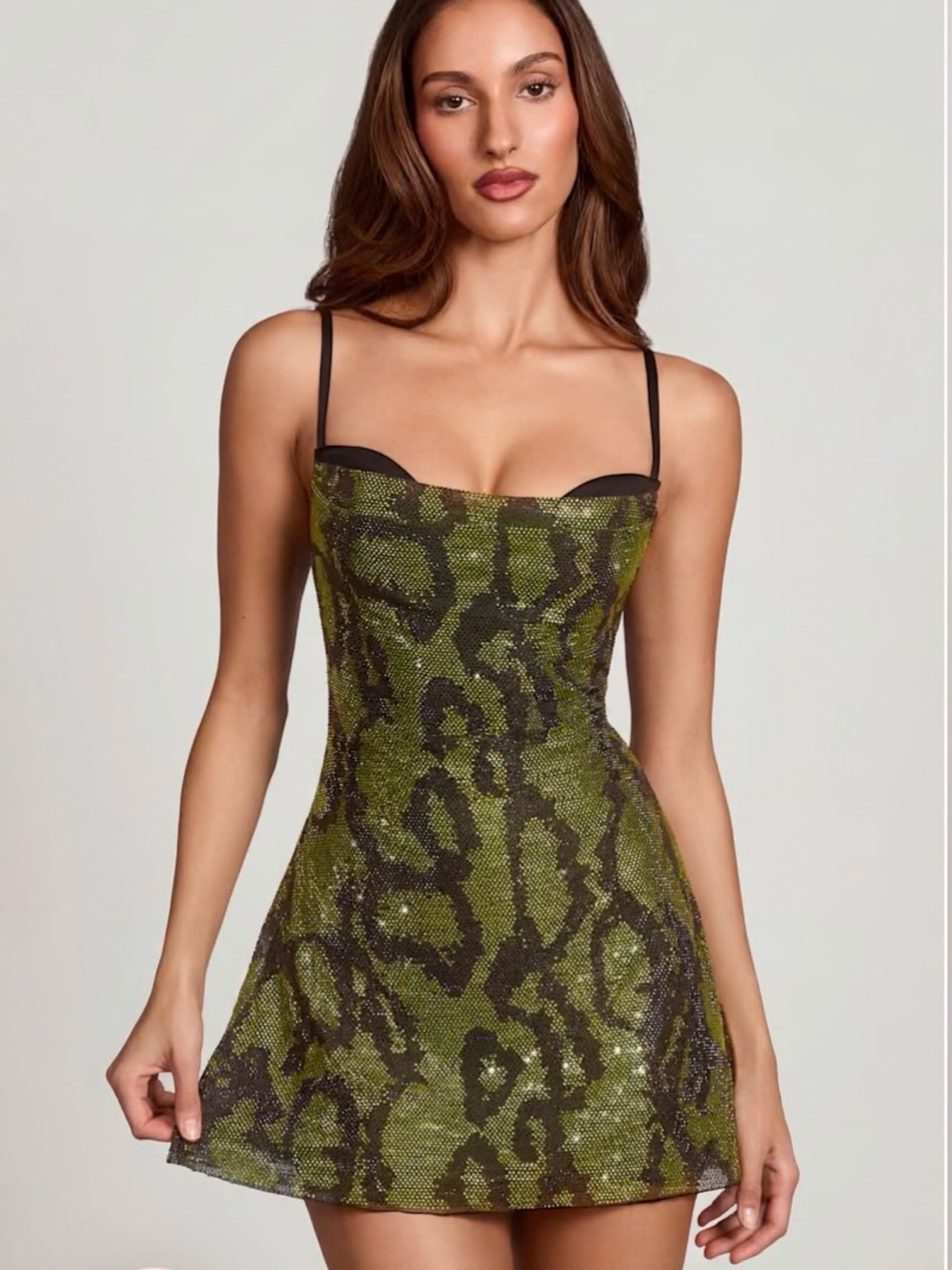 Oh Polly Dianara Green Snake-Print Sequin Mini Dress